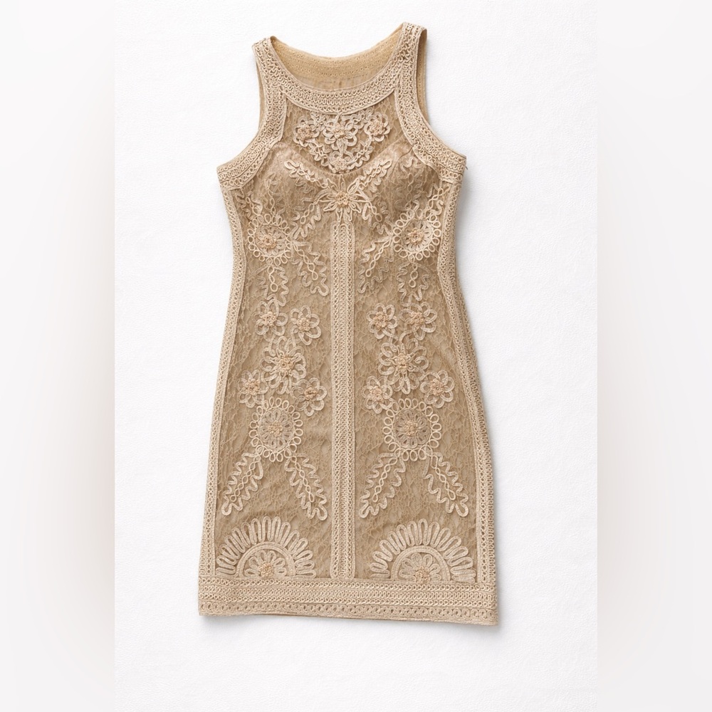 Sue Wong Tan Lace Mini Dress